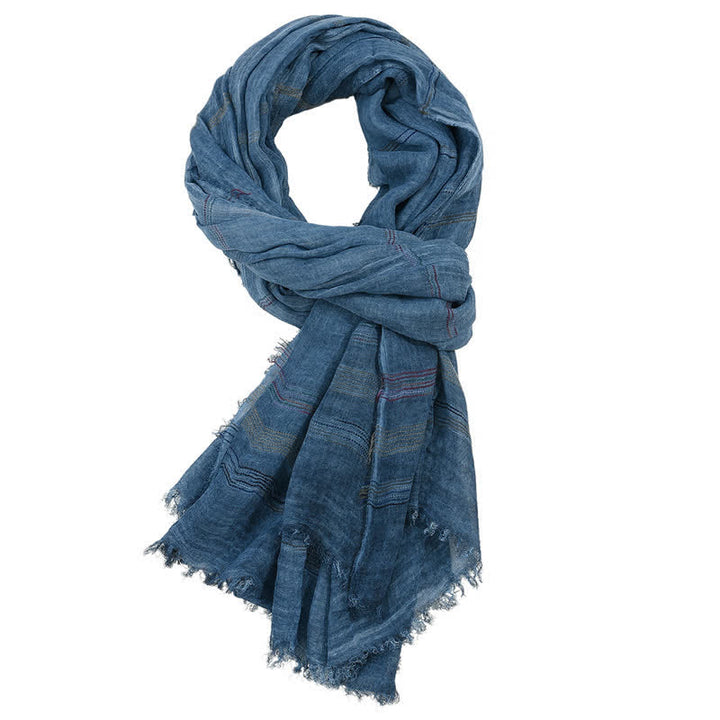 Buddha Stones Spring Fall Earth Tone Fine Stripe Frayed Tassel Scarf - Navy - Approx. 35.4 in × 74.8 in / 90 × 190 cm - image 4