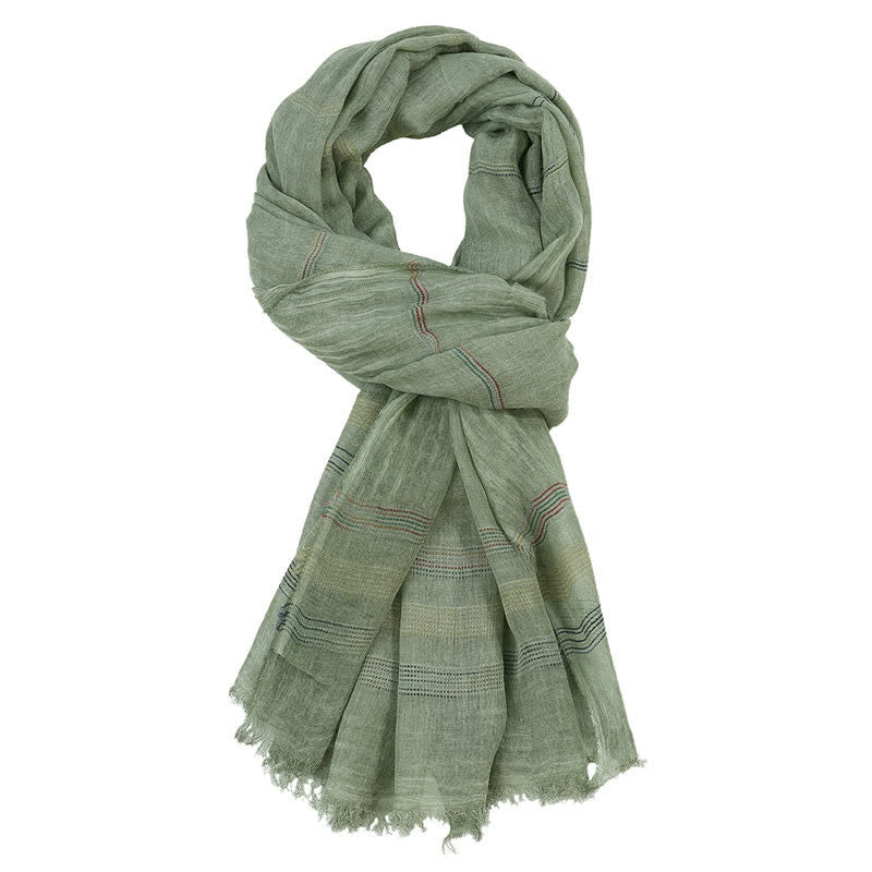 Buddha Stones Spring Fall Earth Tone Fine Stripe Frayed Tassel Scarf - DarkSeaGreen - Approx. 35.4 in × 74.8 in / 90 × 190 cm - image 2