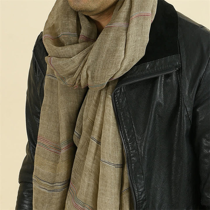 Buddha Stones Spring Fall Earth Tone Fine Stripe Frayed Tassel Scarf - Tan - Approx. 35.4 in × 74.8 in / 90 × 190 cm - image 0