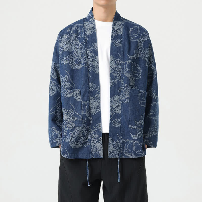 Buddha Stones Spring Vintage Drawstring Dragon Clouds Print Men's Kimono With Pockets - SteelBlue - US/UK/AU46，EU56 (3XL) - image 0
