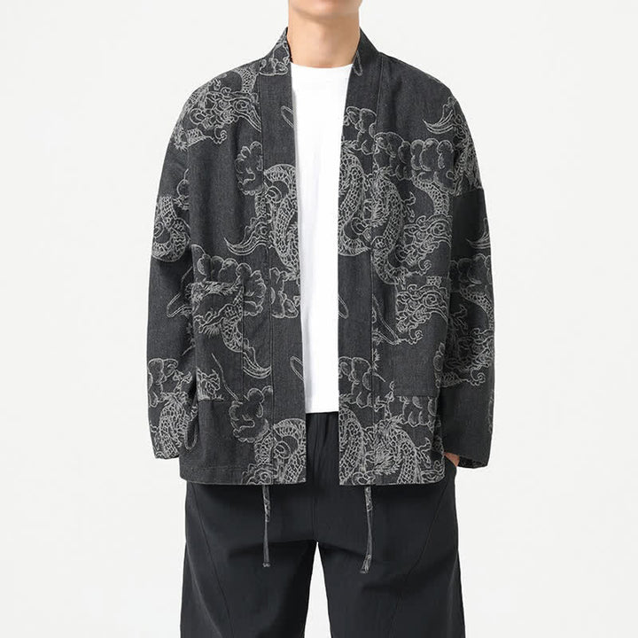 Buddha Stones Spring Vintage Drawstring Dragon Clouds Print Men's Kimono With Pockets - Black - US/UK/AU46，EU56 (3XL) - image 8