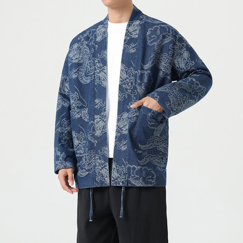 Buddha Stones Spring Vintage Drawstring Dragon Clouds Print Men's Kimono With Pockets - image 3