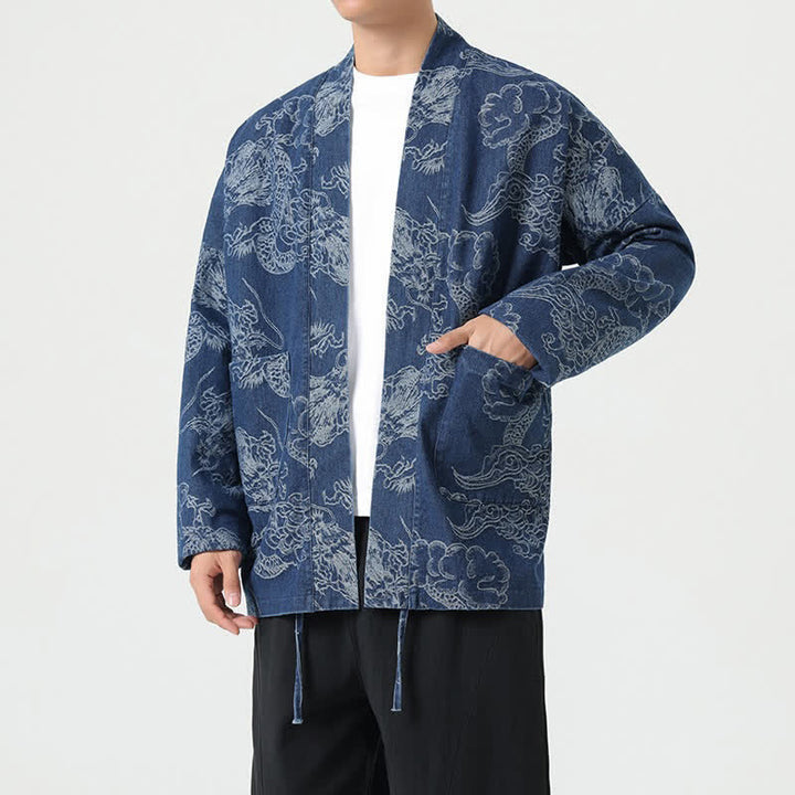 Buddha Stones Spring Vintage Drawstring Dragon Clouds Print Men's Kimono With Pockets - image 3