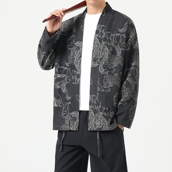 Buddha Stones Spring Vintage Drawstring Dragon Clouds Print Men's Kimono With Pockets - image 15