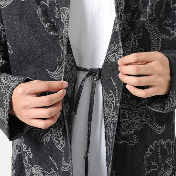 Buddha Stones Spring Vintage Drawstring Dragon Clouds Print Men's Kimono With Pockets - image 22