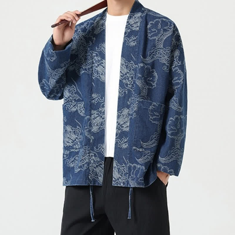 Buddha Stones Spring Vintage Drawstring Dragon Clouds Print Men's Kimono With Pockets - image 6