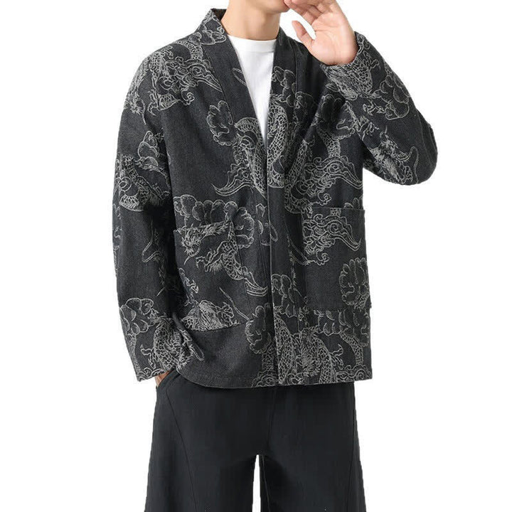 Buddha Stones Spring Vintage Drawstring Dragon Clouds Print Men's Kimono With Pockets - image 10