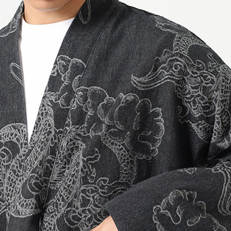 Buddha Stones Spring Vintage Drawstring Dragon Clouds Print Men's Kimono With Pockets - image 21