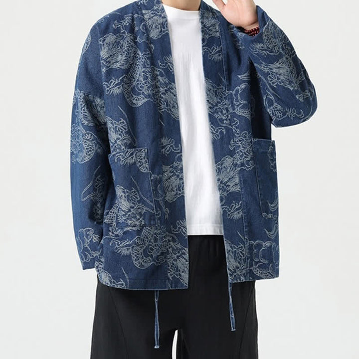Buddha Stones Spring Vintage Drawstring Dragon Clouds Print Men's Kimono With Pockets - image 7