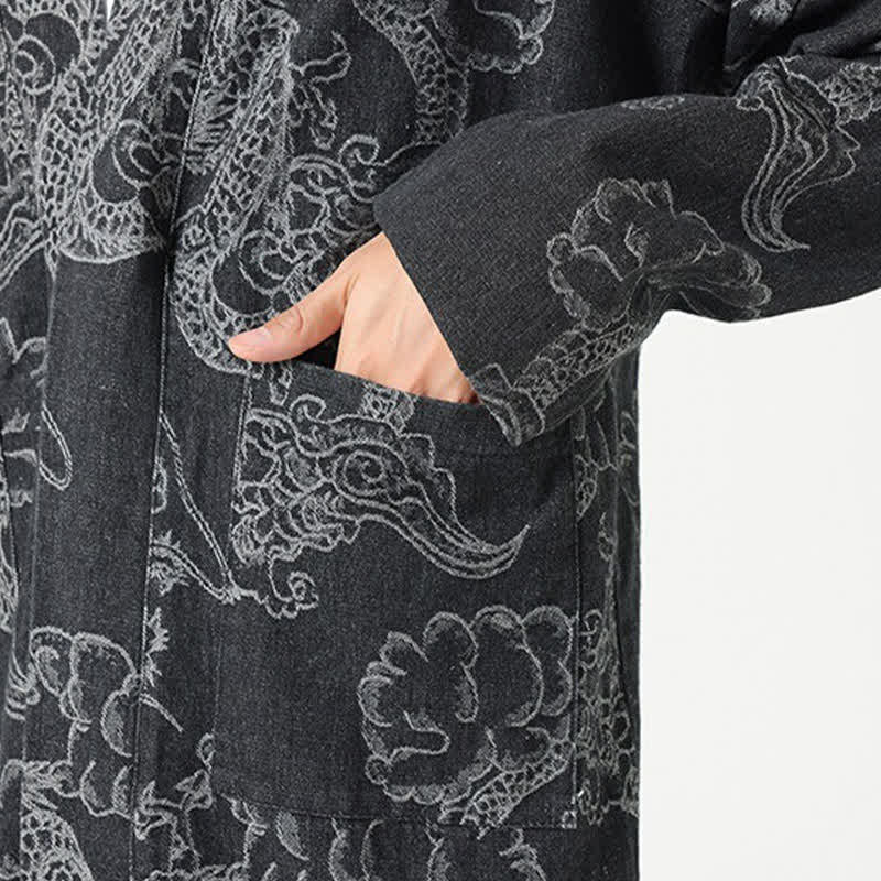 Buddha Stones Spring Vintage Drawstring Dragon Clouds Print Men's Kimono With Pockets - image 23