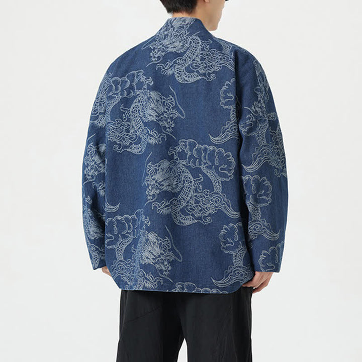 Buddha Stones Spring Vintage Drawstring Dragon Clouds Print Men's Kimono With Pockets - image 4