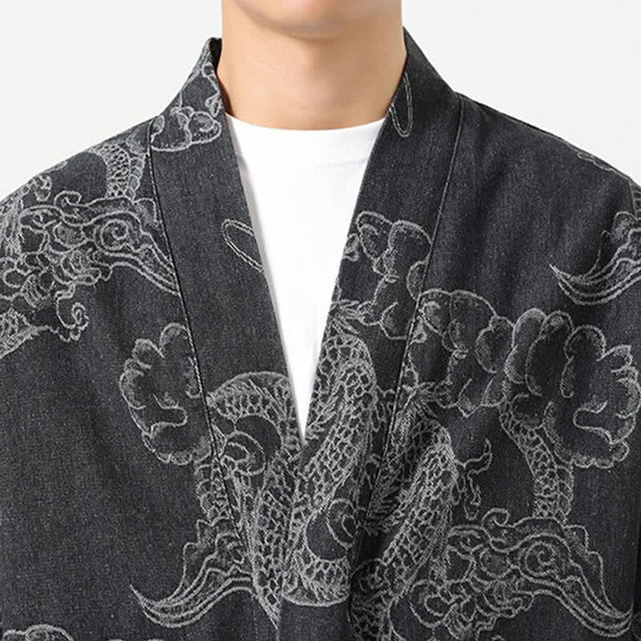 Buddha Stones Spring Vintage Drawstring Dragon Clouds Print Men's Kimono With Pockets - image 20