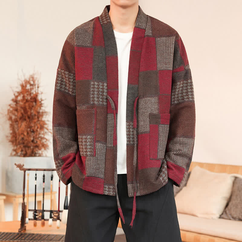 Buddha Stones Fall Winter Casual Vintage Drawstring Plaid Patchwork Men's Kimono With Pockets - Maroon - US/UK/AU42，EU52 (3XL) - image 20