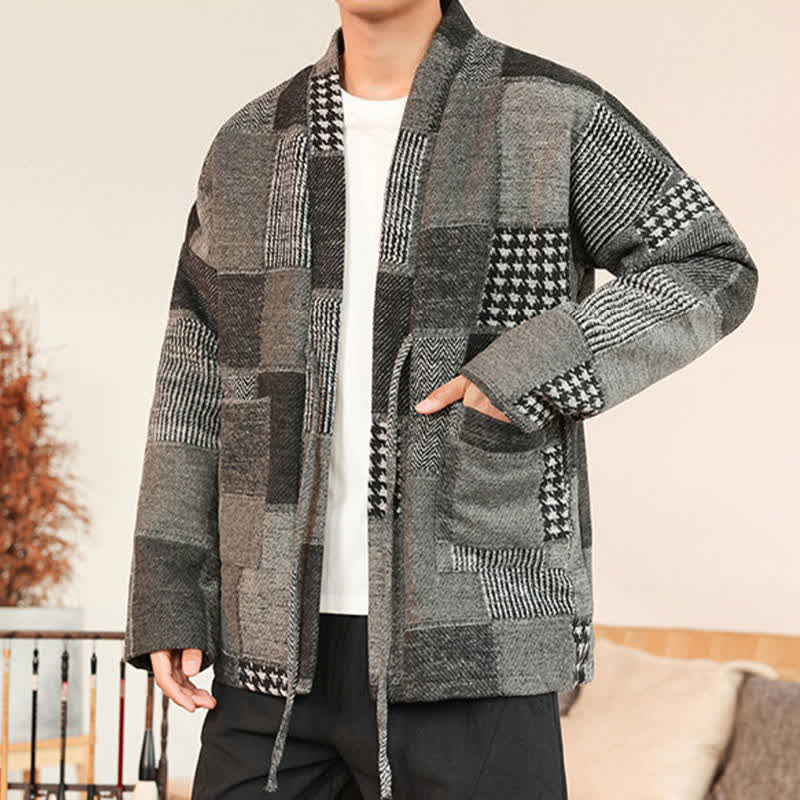 Buddha Stones Fall Winter Casual Vintage Drawstring Plaid Patchwork Men's Kimono With Pockets - image 11