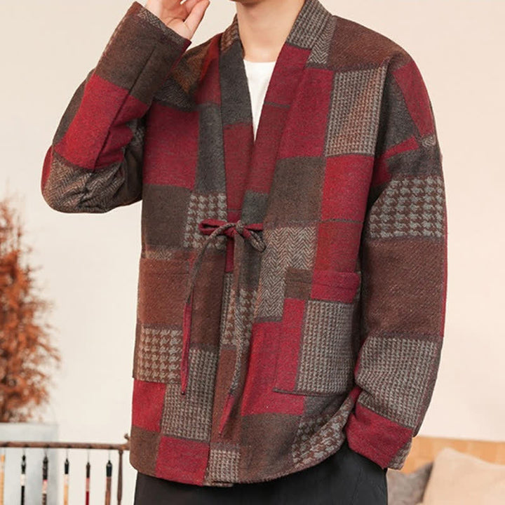 Buddha Stones Fall Winter Casual Vintage Drawstring Plaid Patchwork Men's Kimono With Pockets - image 26
