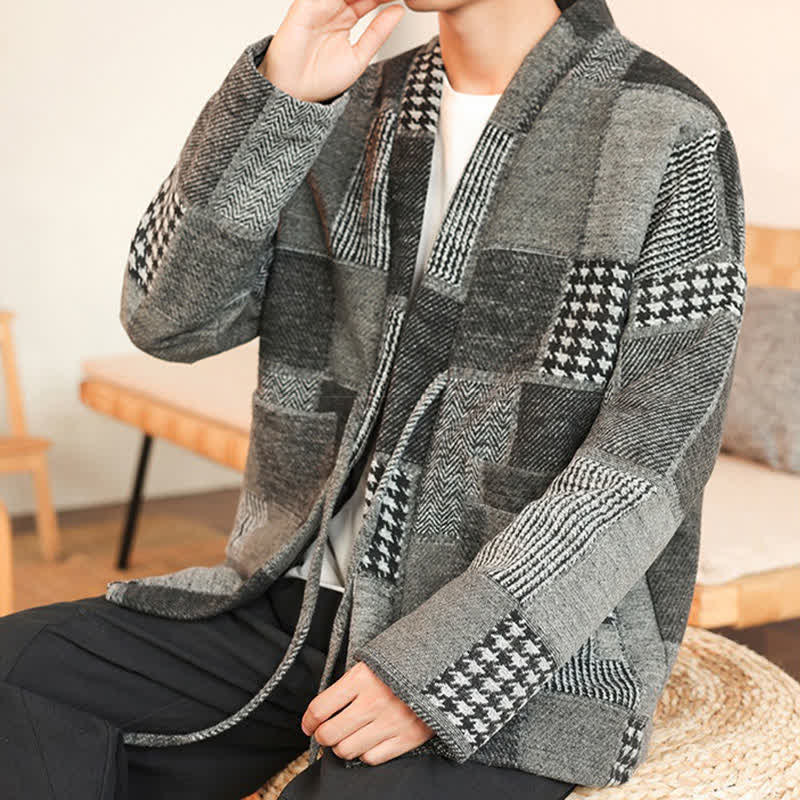 Buddha Stones Fall Winter Casual Vintage Drawstring Plaid Patchwork Men's Kimono With Pockets - image 15