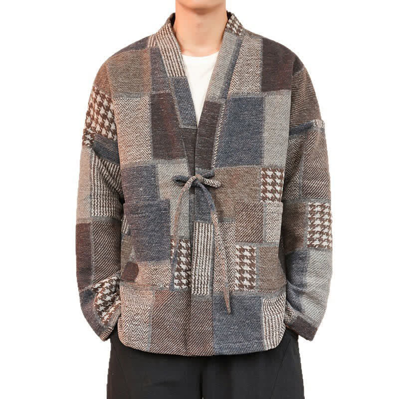Buddha Stones Fall Winter Casual Vintage Drawstring Plaid Patchwork Men's Kimono With Pockets - image 7