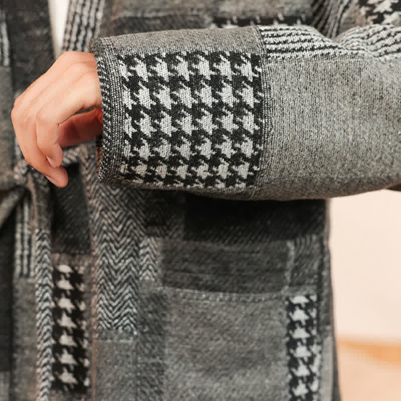 Buddha Stones Fall Winter Casual Vintage Drawstring Plaid Patchwork Men's Kimono With Pockets - image 19