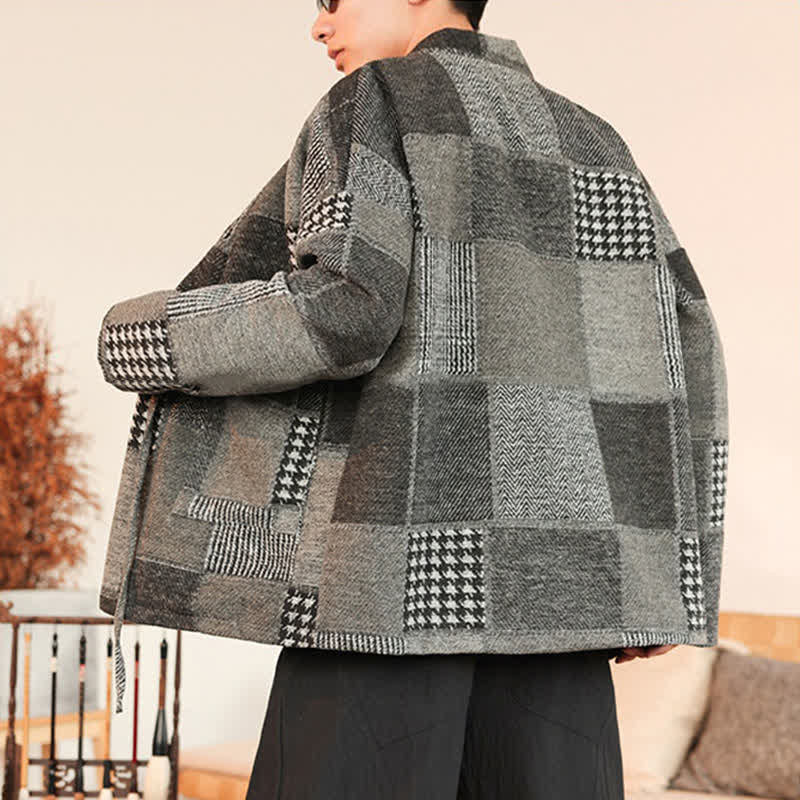 Buddha Stones Fall Winter Casual Vintage Drawstring Plaid Patchwork Men's Kimono With Pockets - image 12