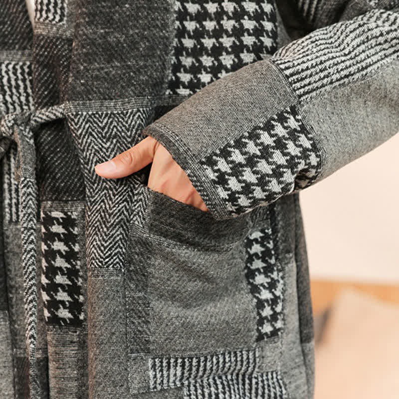 Buddha Stones Fall Winter Casual Vintage Drawstring Plaid Patchwork Men's Kimono With Pockets - image 18