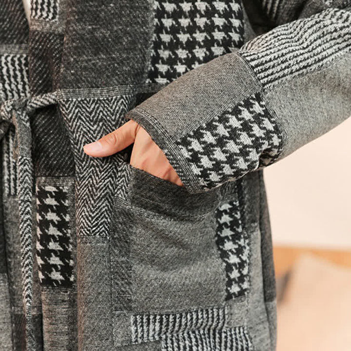 Buddha Stones Fall Winter Casual Vintage Drawstring Plaid Patchwork Men's Kimono With Pockets - image 18