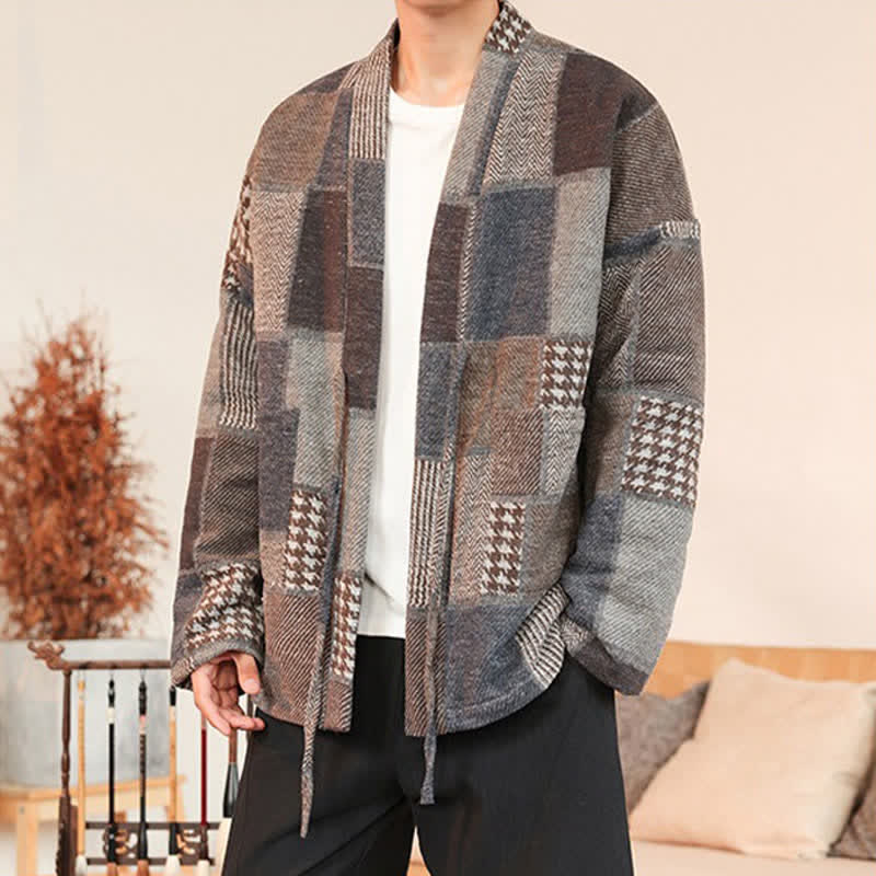 Buddha Stones Fall Winter Casual Vintage Drawstring Plaid Patchwork Men's Kimono With Pockets - image 6