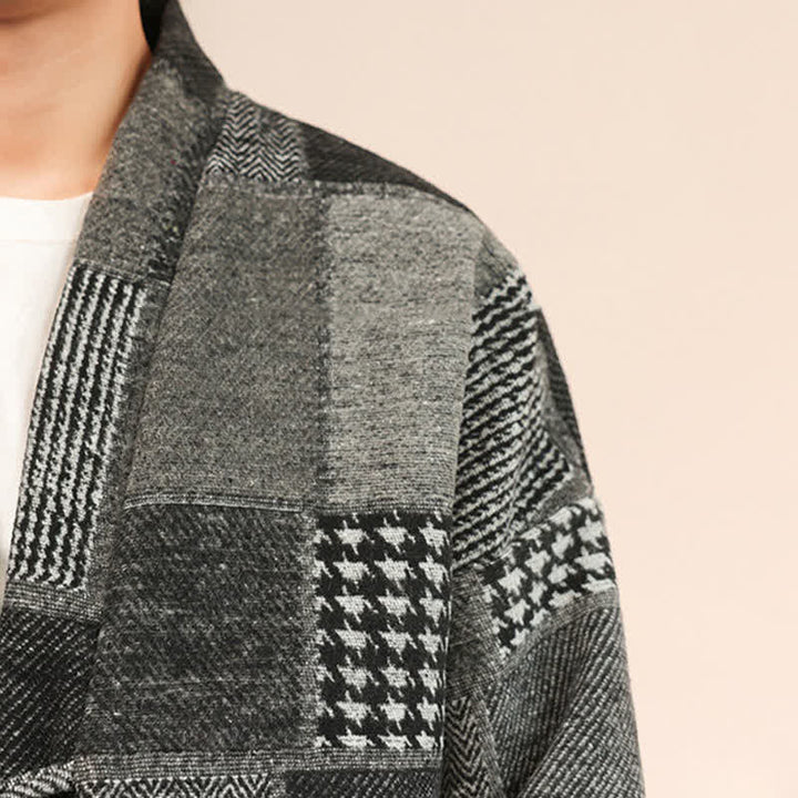 Buddha Stones Fall Winter Casual Vintage Drawstring Plaid Patchwork Men's Kimono With Pockets - image 17