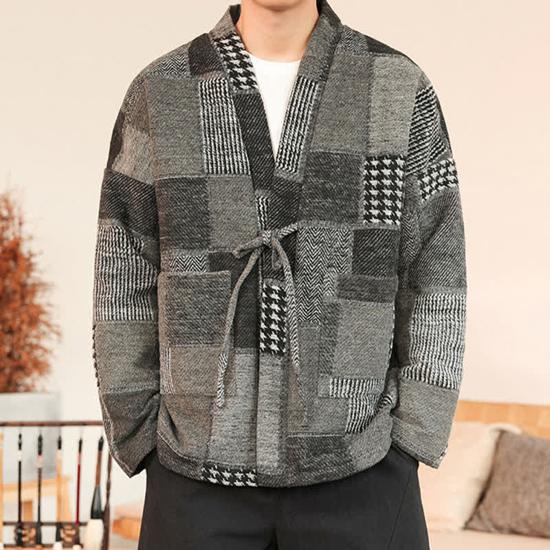 Buddha Stones Fall Winter Casual Vintage Drawstring Plaid Patchwork Men's Kimono With Pockets - image 14