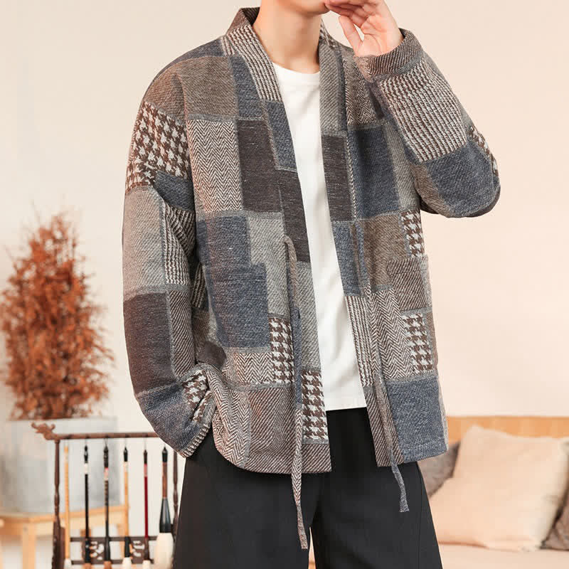 Buddha Stones Fall Winter Casual Vintage Drawstring Plaid Patchwork Men's Kimono With Pockets - image 2
