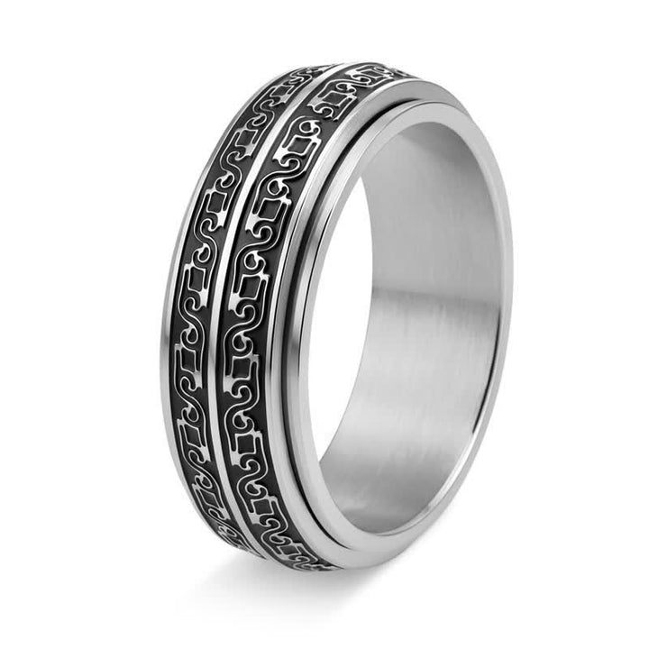 Buddha Stones Titanium Steel Scroll Pattern Rotating Protection Ring - Silver - US13 - image 1