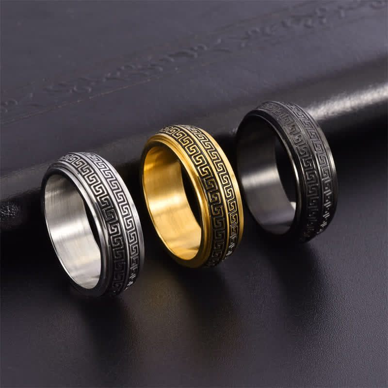 Buddha Stones Titanium Steel Greek Key Rotating Protection Ring - image 8