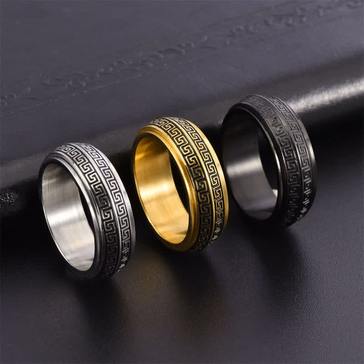 Buddha Stones Titanium Steel Greek Key Rotating Protection Ring - image 8