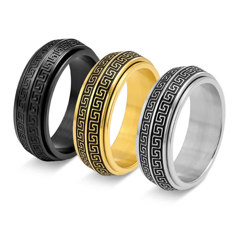 Buddha Stones Titanium Steel Greek Key Rotating Protection Ring - image 7