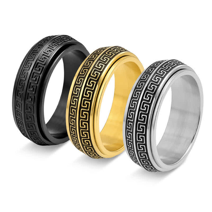 Buddha Stones Titanium Steel Greek Key Rotating Protection Ring - image 7