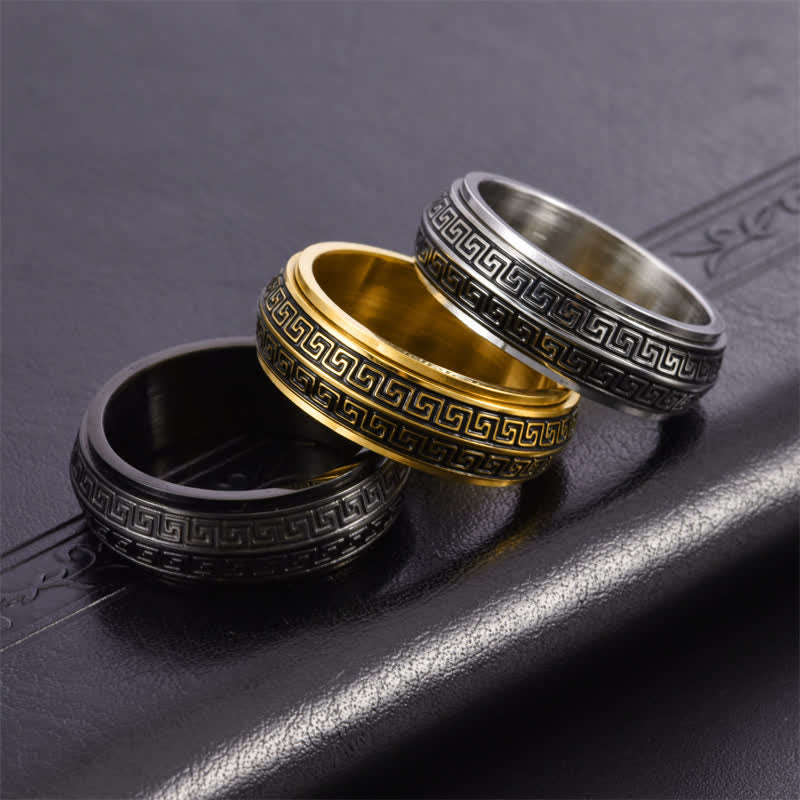 Buddha Stones Titanium Steel Greek Key Rotating Protection Ring - image 9