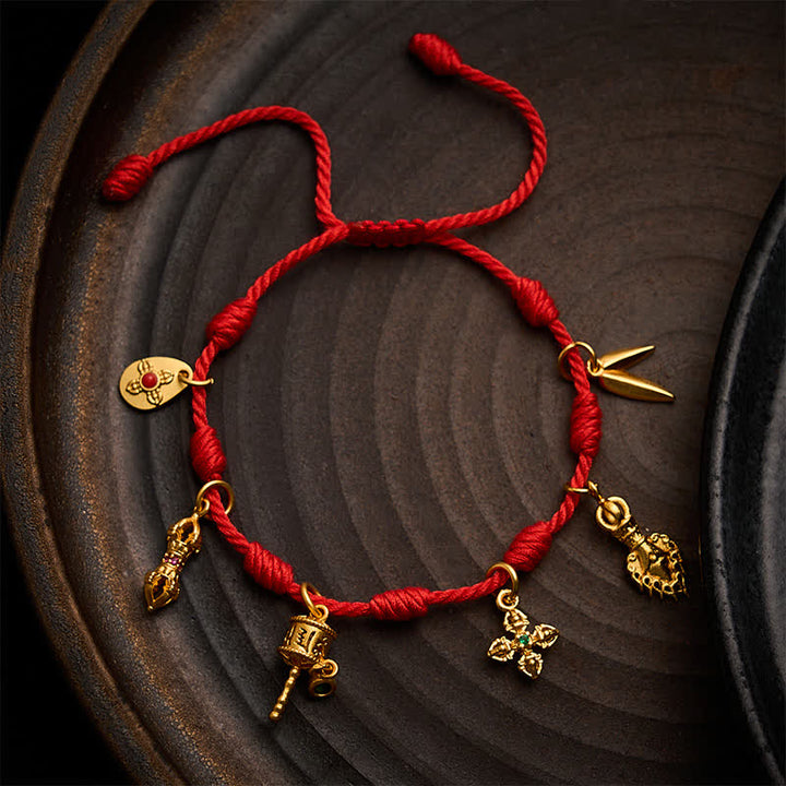 Buddha Stones Handmade Seven-Knot Red String Om Mani Padme Hum Prayer Wheel Vajra Bamboo Leaf Zakiram Luck Bracelet - Red(Wrist Circumference: 5.9–7.5 in / 15–19 cm) - image 0