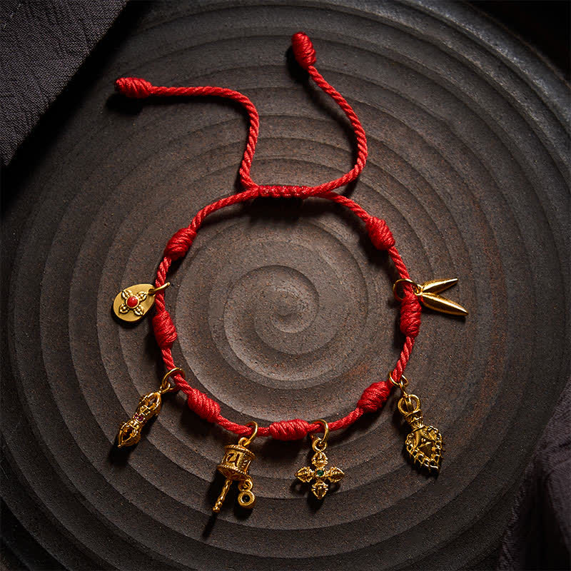 Buddha Stones Handmade Seven-Knot Red String Om Mani Padme Hum Prayer Wheel Vajra Bamboo Leaf Zakiram Luck Bracelet - image 8