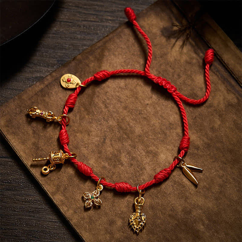 Buddha Stones Handmade Seven-Knot Red String Om Mani Padme Hum Prayer Wheel Vajra Bamboo Leaf Zakiram Luck Bracelet - image 3