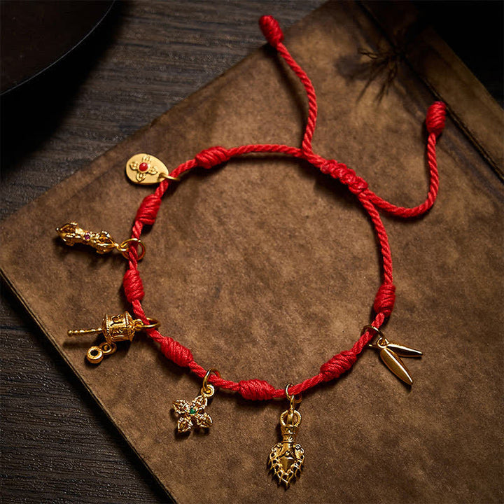 Buddha Stones Handmade Seven-Knot Red String Om Mani Padme Hum Prayer Wheel Vajra Bamboo Leaf Zakiram Luck Bracelet - image 3