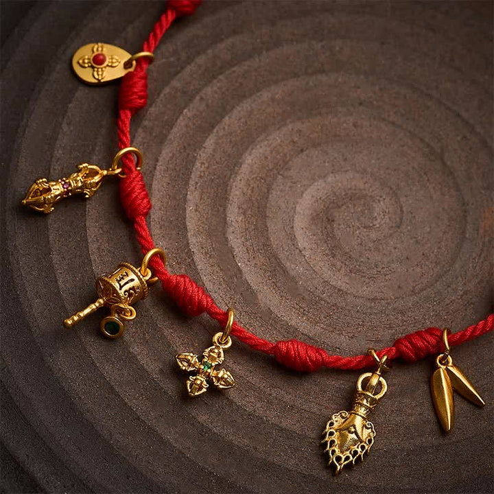 Buddha Stones Handmade Seven-Knot Red String Om Mani Padme Hum Prayer Wheel Vajra Bamboo Leaf Zakiram Luck Bracelet - image 9