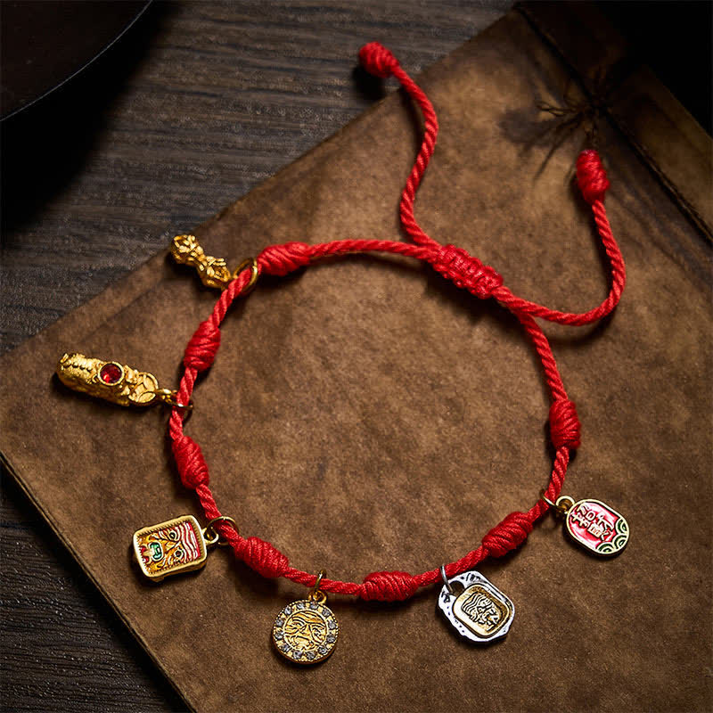 Buddha Stones Handmade Seven-Knot Red String Zakiram Fortune & Blessings Fu Character Pixiu Vajra Luck Bracelet - image 1
