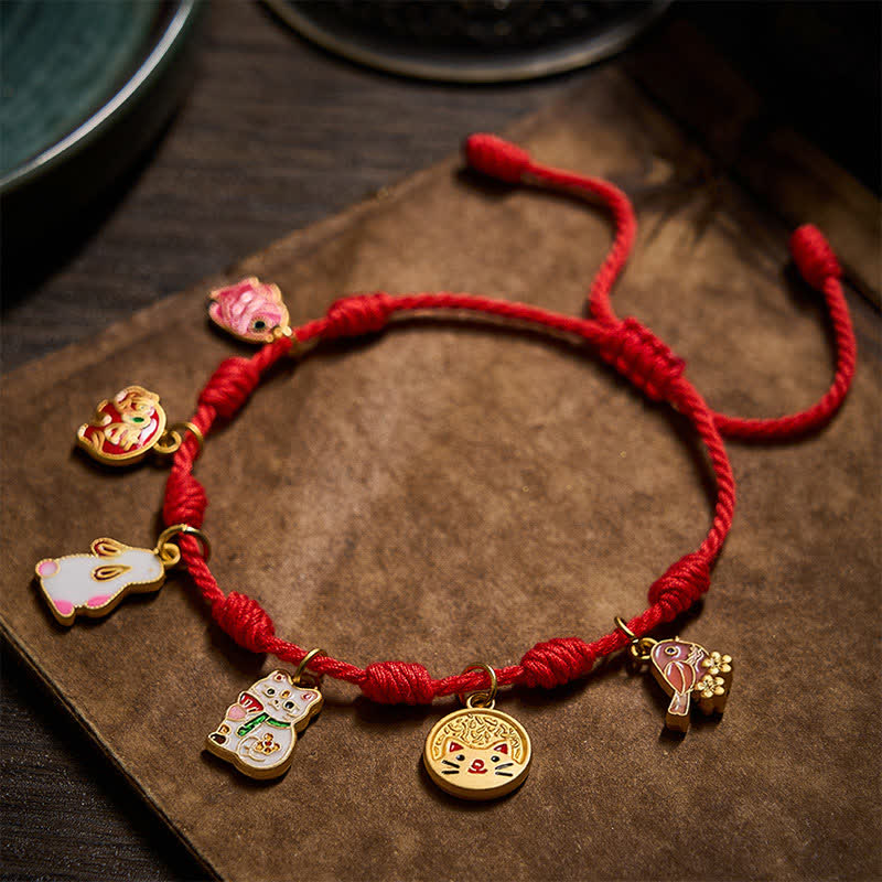 Buddha Stones Handmade Seven-Knot Red String Koi Fish Elephant Rabbit Cat Purple Magpie Luck Bracelet - image 3