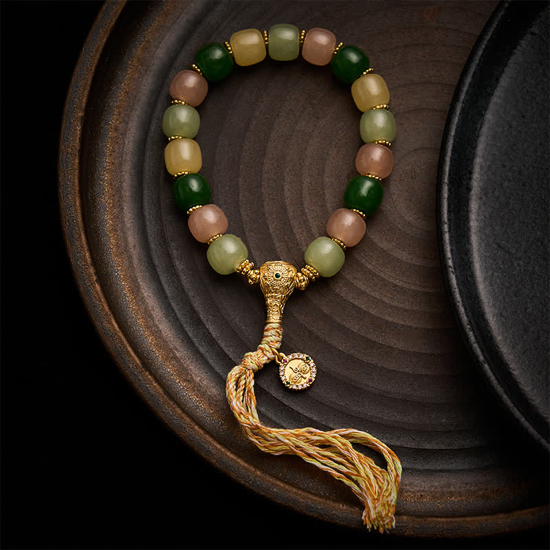 Buddha Stones Cyan Jade Quartzite Jade Harmony Rounded Rectangle Bead Bracelet - 9 × 10mm Multicolor Tassel - image 0