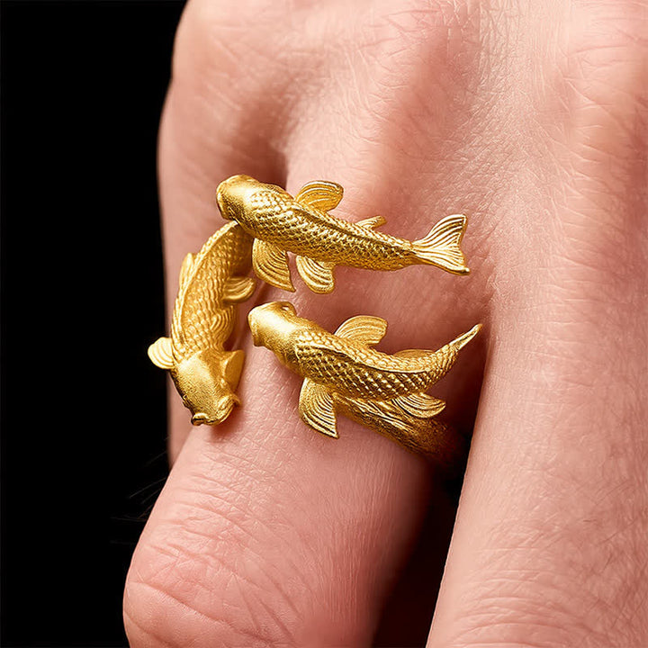 Buddha Stones Retro Alloy Three Koi Fish Wealth Open Ring - image 3
