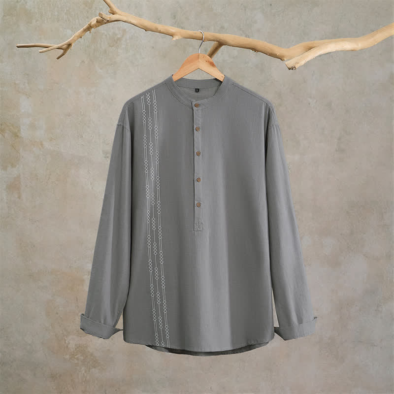Buddha Stones Spring Summer Casual Tang Style Geometric Cotton Men's Long Sleeve Shirts - image 8