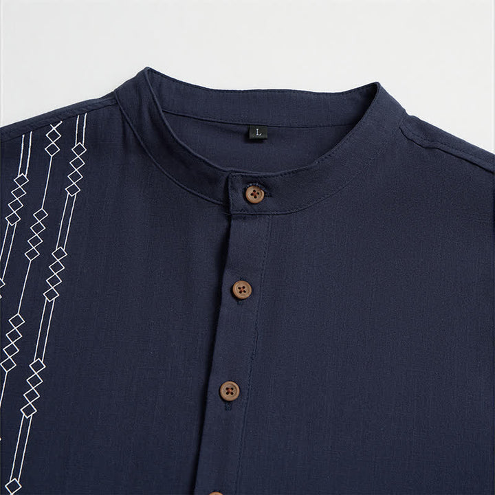Buddha Stones Spring Summer Casual Tang Style Geometric Cotton Men's Long Sleeve Shirts - image 3