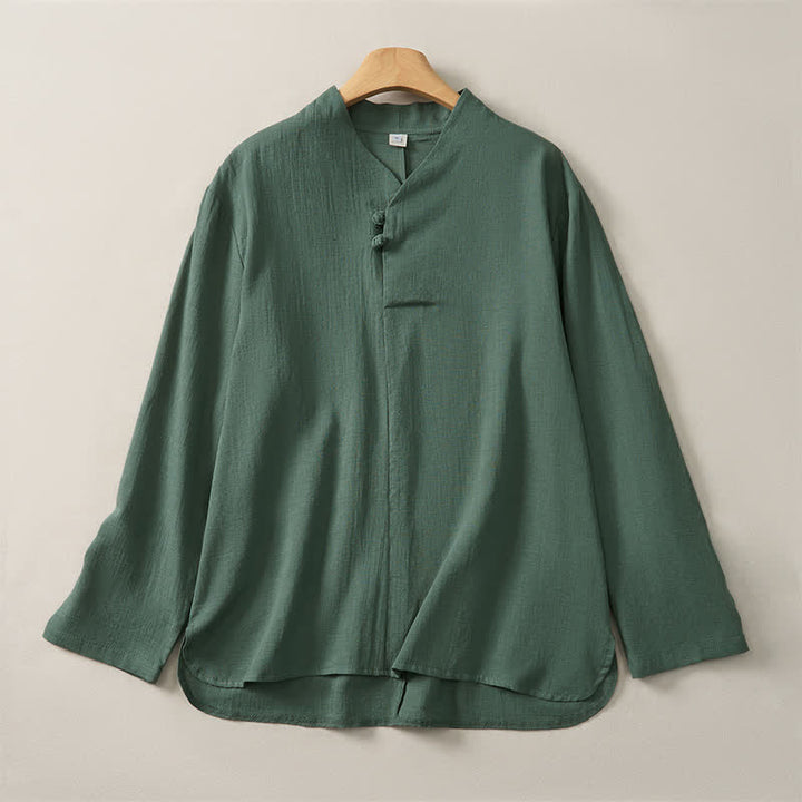 Buddha Stones Spring Fall Casual Tang Style Mandarin Collar Solid Cotton Men's Long Sleeve Shirts - SeaGreen - US/UK/AU46, EU56 (5XL) - image 0