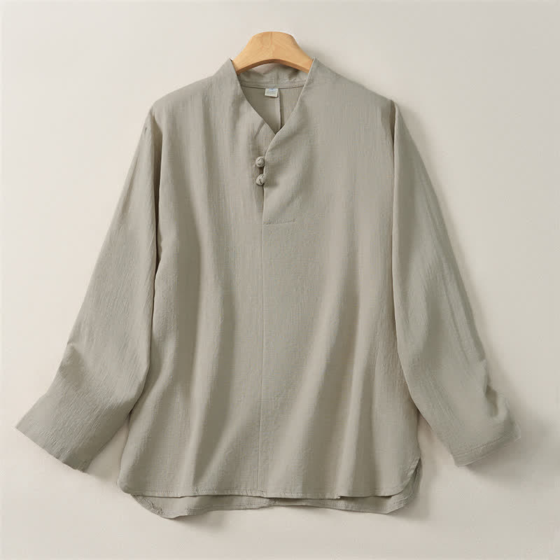 Buddha Stones Spring Fall Casual Tang Style Mandarin Collar Solid Cotton Men's Long Sleeve Shirts - Beige - US/UK/AU46, EU56 (5XL) - image 8