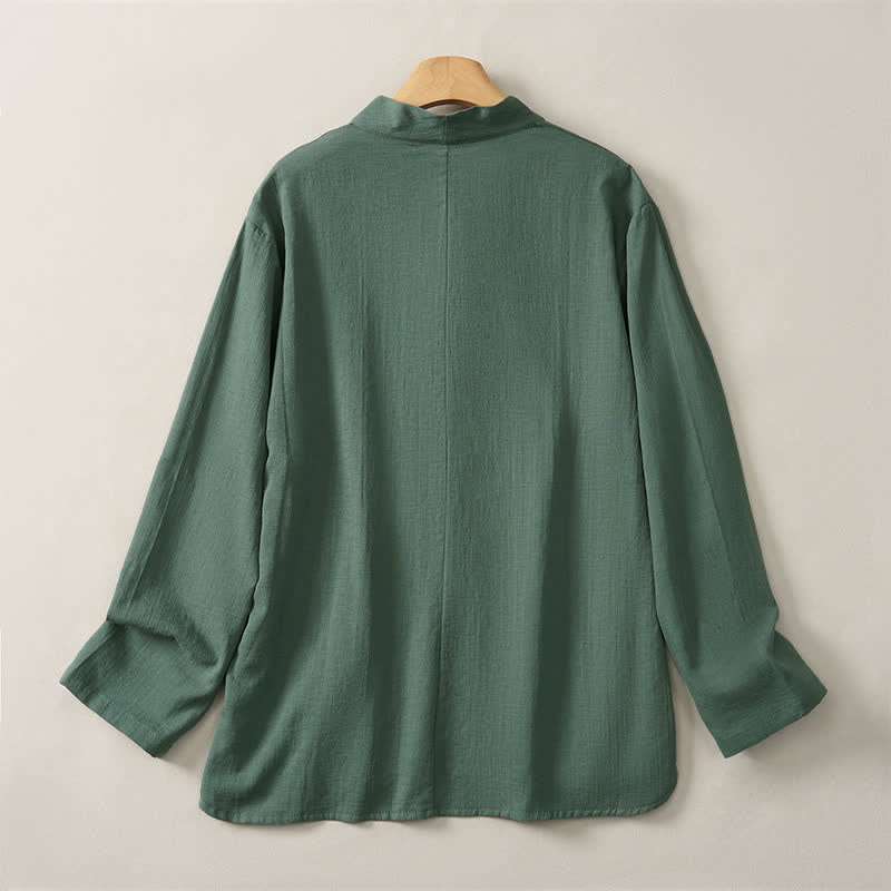 Buddha Stones Spring Fall Casual Tang Style Mandarin Collar Solid Cotton Men's Long Sleeve Shirts - image 1