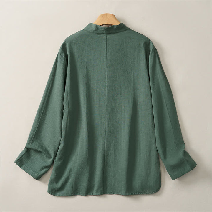 Buddha Stones Spring Fall Casual Tang Style Mandarin Collar Solid Cotton Men's Long Sleeve Shirts - image 1